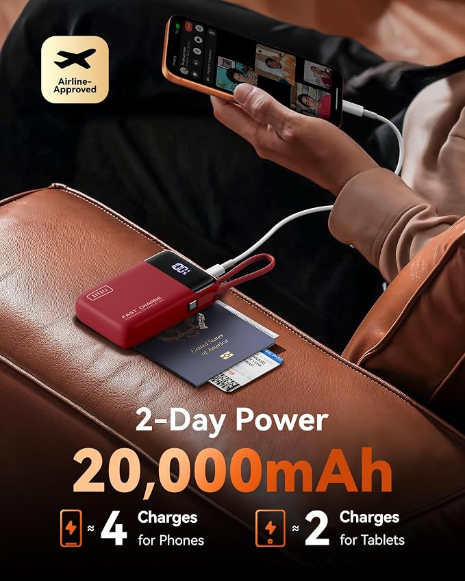 INIU Portable Charger, Compact 20000mAh Power Bank with Build in USB-C Cable, 45W Fast Charging Mini Powerbank, Flight Cruise Ship Travel Essentials Phone Charger for College Student Boys Girls, Red