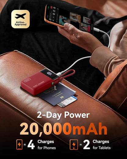 INIU Portable Charger, Compact 20000mAh Power Bank with Build in USB-C Cable, 45W Fast Charging Mini Powerbank, Flight Cruise Ship Travel Essentials Phone Charger for College Student Boys Girls, Red