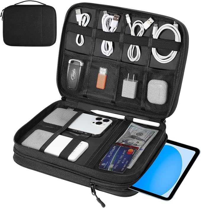 Dadanism Electronics Travel Organizer Case, Double Layers Cord Organizer | Travel All-in-One Storage Bag for Cable, Cord, iPad, Chargers, fits 9-11'' Tablets, Portable Tech Accessories Bag, Black