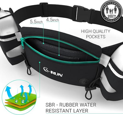 Hydration Running Belt with 2x10oz Bottles - Water Belts for Woman and Men - iPhone Belt for Any Phone Size - Fuel Marathon Waist Pouch for Runners - Jogging Cycling Biking