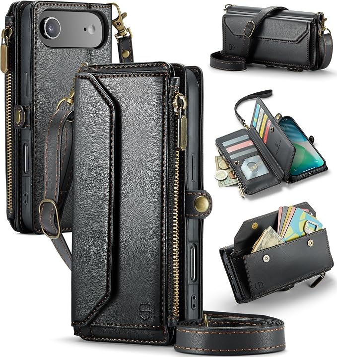 Strapurs Wallet Case Compatible with iPhone Air 6.5" RFID Blocking 10-Card Holder Soft PU Leather Magnetic Snap Shoulder Strap Zipper Pocket Phone Case Fit for iPhone 17 Air for Women - Black