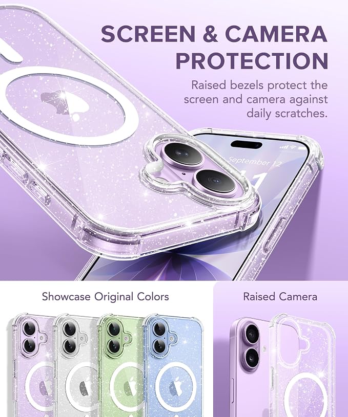 BERFY for iPhone 17 Case for Women, Clear Glitter Shockproof Protective Case, Anti-Yellowing, with Screen Protector & Camera Lens Protector 6.3", Magnetic Sparkle Clear