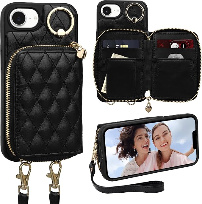 Keallce for iPhone 17e 6.1'' Wallet Case, Crossbody Zipper Purse with Wristlet for Women, RFID Blocking Card Holders, 360° Ring Kickstand Flip Leather Case for iPhone 16e 2025 2026, Black