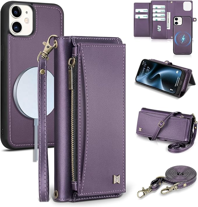 Wallet Case for iPhone 12/12 Pro with Card Holder/Crossbody Wallet/Strap| RFID Blocking | Magnetic | Kickstand | Detachable | PU Leather Phone Case for iPhone 12/12 Pro,6.1 in,Purple