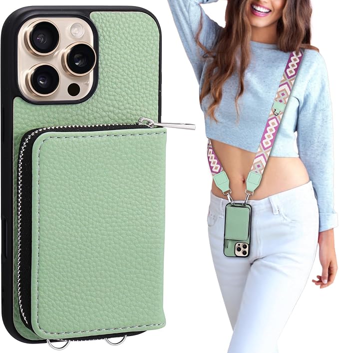 XANGNIER Wallet Case for iPhone 15 Pro Max, RFID Blocking PU Leather Crossbody Phone Purse with Card Holder, Zipper Pocket, Wrist Strap & Adjustable Lanyard for Women 6.7" 5G, Green