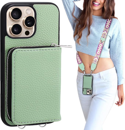 XANGNIER Wallet Case for iPhone 15 Pro Max, RFID Blocking PU Leather Crossbody Phone Purse with Card Holder, Zipper Pocket, Wrist Strap & Adjustable Lanyard for Women 6.7" 5G, Green