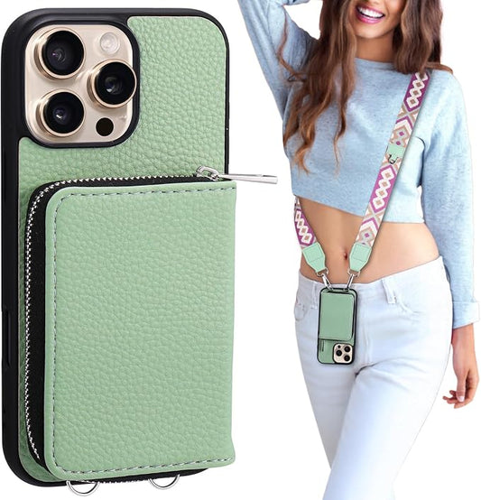 XANGNIER Wallet Case for iPhone 15 Pro Max, RFID Blocking PU Leather Crossbody Phone Purse with Card Holder, Zipper Pocket, Wrist Strap & Adjustable Lanyard for Women 6.7" 5G, Green