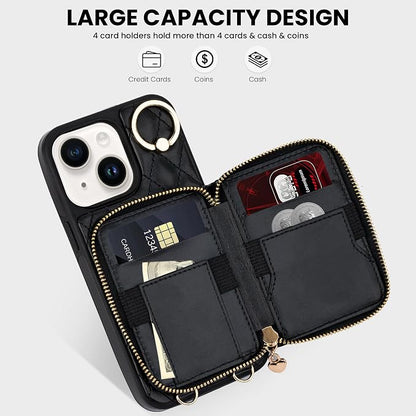 Keallce Case for iPhone 15 6.1'' Wallet Case, Crossbody Zipper Purse with Wrist Strap Lanyard Handbag for Women, RFID Blocking Card Holders, 360° Ring Kickstand Flip Leather Cover for iPhone 15, Black