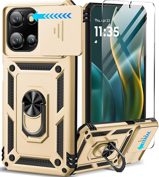 Taisairu for Motorola Moto G 2025/G 2026/G Play 2026 Case with Screen Protector & Slide Camera Lens Cover, Built-in Ring Stand Case for Moto G 2026/G 2025/G Play 2026 (Gold)