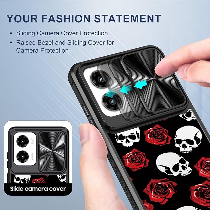 for Motorola Moto G Stylus 5G 2024 Case with Red Rose Skull, Metal Slide Camera Cover, Screen Protector, Anti-Peeping Privacy Safeguard, Camera Lens Protector Phone Case for Moto G Stylus 5G 2024