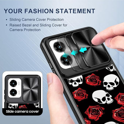 for Motorola Moto G Stylus 5G 2024 Case with Red Rose Skull, Metal Slide Camera Cover, Screen Protector, Anti-Peeping Privacy Safeguard, Camera Lens Protector Phone Case for Moto G Stylus 5G 2024
