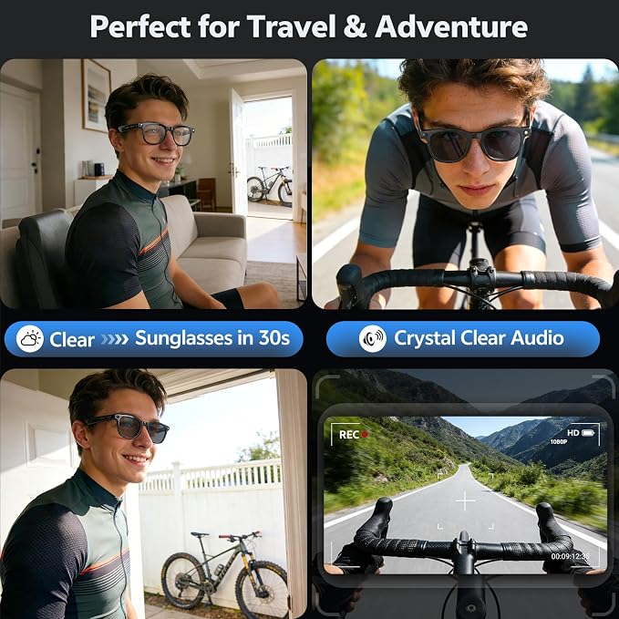 AI Smart Glasses with Camera and Audio, 8MP HD Camera Glasses for Men Women with Voice Assistant, 1080P Recording Sunglasses with Real-Time Translation, Open-Ear Audio for Vlogging, Travel, Business