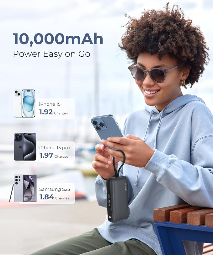 1 Pack Portable Charger with Built-in USB-C Cable & Plug, 10,000mAh 5V/4.5A Power Bank Fast Charging 22.5W, Travel Essential Battery Pack 3 Output for iPhone 16/15 Series, Samsung Galaxy, iPad