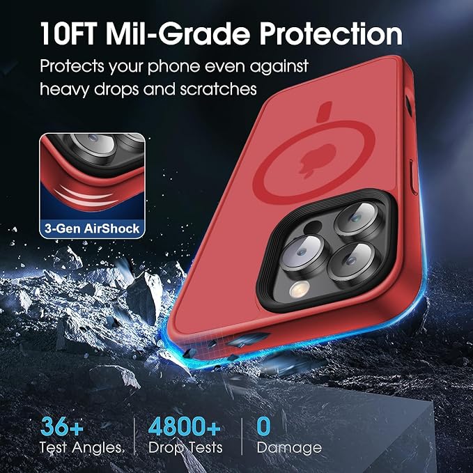 Strong Magnetic Case for iPhone 16 Pro Case [10FT-Grade Drop Tested & Compatible with MagSafe] Translucent Anti-Fingerprint Anti Shockproof Protective Shell 6.3 Inch, Red
