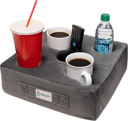 Cup Cozy Deluxe Pillow (Gray) *As Seen on TV* -The World's Best Couch Cup Holder Pillow! Cup Holder Pillow for The Couch, Sofa, Bed, Car, RV, Park & More! Drinks, Remotes, & Snacks Holder Tray