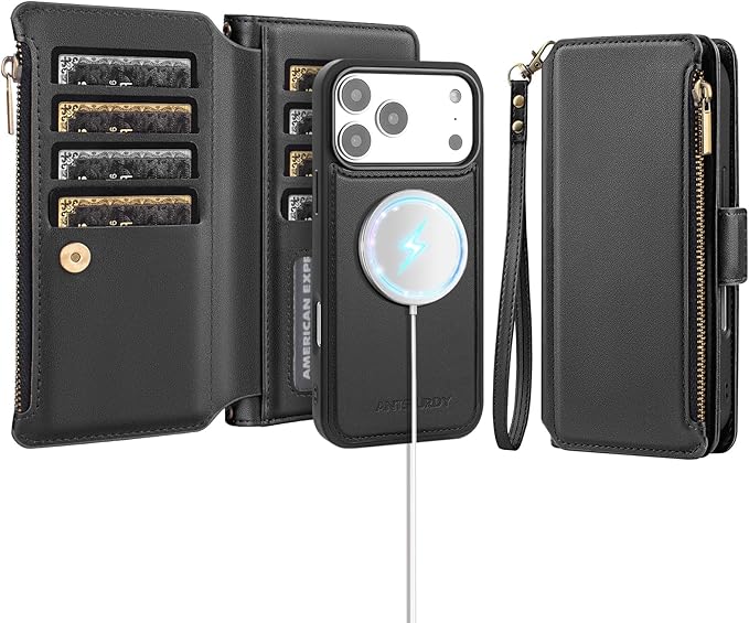 Antsturdy Compatible with Magsafe Magnetic 2 in 1 Detachable iPhone 17 Pro Wallet Case with Credit Card Holder Slots,PU Leather RFID Blocking Phone Cover Wrist Strap Zipper Women Men,Black