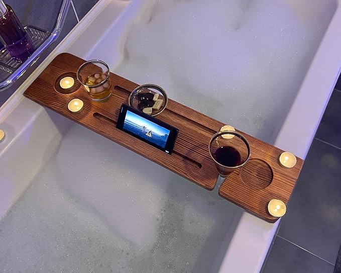 Handmade Wooden Bathtub Tray - 3 Different Size Options - Rustic Structure - Water Insulator - Bath Tray Caddy with Wine Glass Holder (36", NATURAL MAHOGANY)