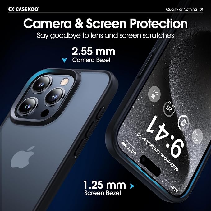 CASEKOO for iPhone 15 Pro Case, [Never Yellow Technology] [Mil-Grade Drop Protection] Translucent Slim Cover Women Men for iPhone 15 Pro Phone Case 6.1 inch, Frosted Black