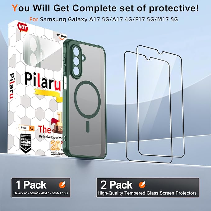 Pilaru for Samsung Galaxy A17 Case [Compatible with Magsafe] Translucent Matte Magnetic Phone Case,Slim Thin Duty Shockproof Protection Cover with 2pc Tempered Glass Screen Protector for A17 5g-Green