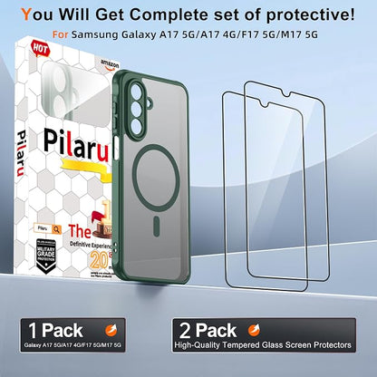 Pilaru for Samsung Galaxy A17 Case [Compatible with Magsafe] Translucent Matte Magnetic Phone Case,Slim Thin Duty Shockproof Protection Cover with 2pc Tempered Glass Screen Protector for A17 5g-Green