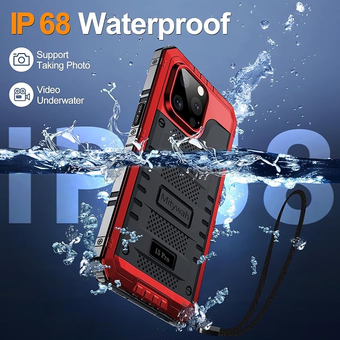 Mitywah Waterproof Case for iPhone 15 Pro, Heavy Duty Shockproof Case with Built-in Screen Protector, Full Body Underwater Protective Metal Case 6.1 inch, Red