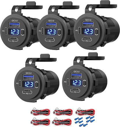 Zennova, 5 Pack USB C Charging Adapter, 58W 12v Outlet with PD USB C & QC 3.0 Ports, Waterproof, Voltmeter, Power Switch for Car, Golf Cart, Boat, Marine, Bus, Truck, RV, Motorcycle