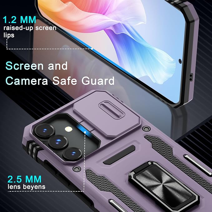 DEERLAMN Case for Samsung Galaxy S24 FE 6.7-Inch with Slide Camera Cover+Screen Protector(1 Pack), Rotated Ring Kickstand Military Grade Shockproof Protective Cover-Deep Purple