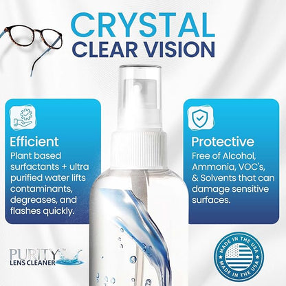Purity Eyeglass Lens Cleaner Spray Kit - 3 x 8oz Lens Cleaner Spray Bottle + 2 Microfiber Cloth for Cleaning - Safe for All Lenses (AR Coated Included), Eyeglasses and Screens
