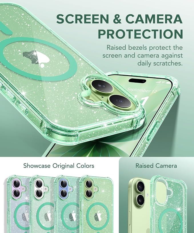 BERFY for iPhone 17 Case for Women, Clear Glitter Shockproof Protective Case, Anti-Yellowing, with Screen Protector & Camera Lens Protector 6.3", Magnetic Sparkle Green
