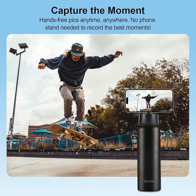 Insulated Water Bottle with Magnetic Phone Holder Compatible with MagSafe and iPhone,Double-Sided Magnet,Hot 12H Cold 24H,Stainless Steel Water Bottle Phone Mount for Sports Travel,27oz (Black)