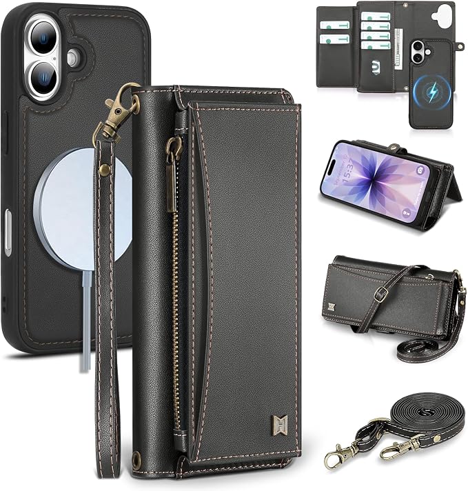 Wallet Case for iPhone 17 with Card Holder/Crossbody Wallet/Strap,[RFID Blocking][Magnetic] PU Leather Phone Case for iPhone 17,6.3 in,Black