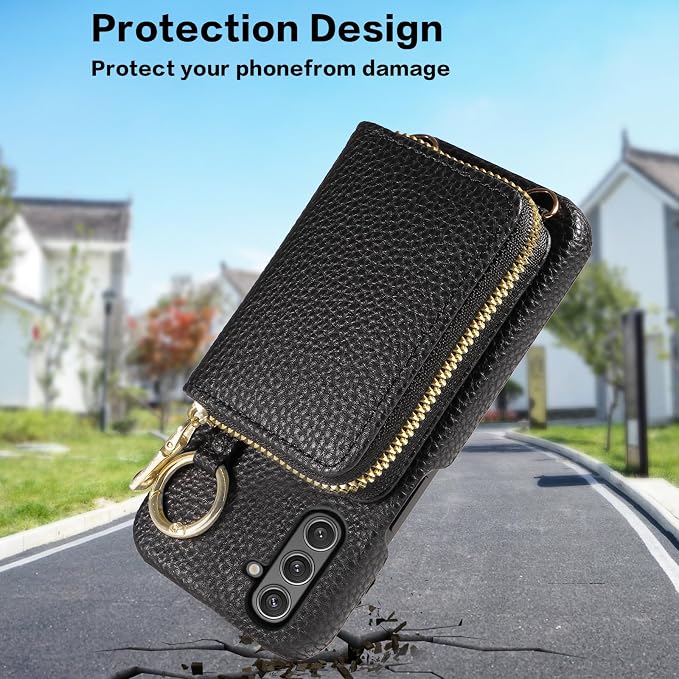 Wallet Case for Samsung Galaxy A26 5G with Shoulder Strap Ring Buckle, Luxury PU Leather Zipper Flip Organ Purse, Credit Card Holder Stand Full Body Cell Phone Cover for A 26 26A LTE Black