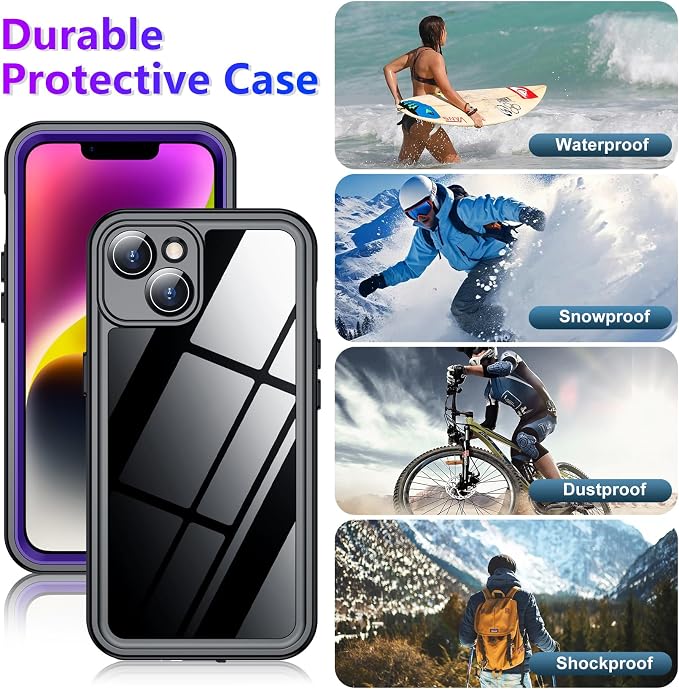 Temdan Compatible with iPhone 14 Case Waterproof, Built-in Screen & Camera Protector IP68 Underwater Full Body 14FT Military Dropproof Shockproof Phone Case 6.1"-Purple/Clear