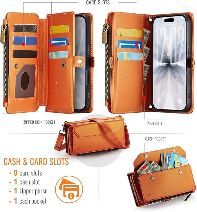 Strapurs Wallet Case Compatible with iPhone 17 6.3" RFID Blocking 9-Card Holder Soft PU Leather Magnetic Snap Shoulder Strap Zipper Pocket Phone Case Fit for iPhone 17 for Women - Orange