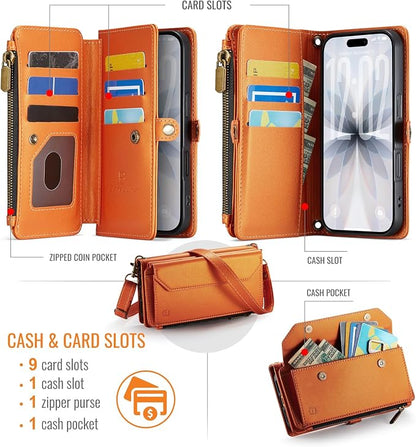 Strapurs Wallet Case Compatible with iPhone 17 6.3" RFID Blocking 9-Card Holder Soft PU Leather Magnetic Snap Shoulder Strap Zipper Pocket Phone Case Fit for iPhone 17 for Women - Orange
