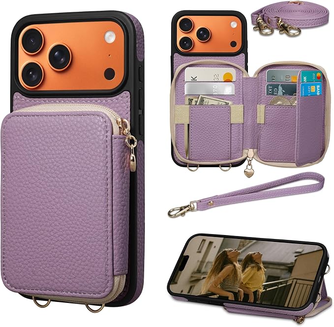 Keallce Case for iPhone 17 Pro Max 6.9'' Case Wallet, Crossbody Zipper Purse with RFID Blocking Card Slots Kickstand, Lanyard & Handstrap Flip Folio Leather Phone Cover for iPhone 17 Pro Max, Purple