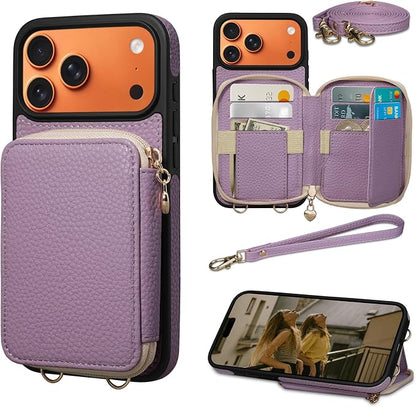 Keallce Case for iPhone 17 Pro Max 6.9'' Case Wallet, Crossbody Zipper Purse with RFID Blocking Card Slots Kickstand, Lanyard & Handstrap Flip Folio Leather Phone Cover for iPhone 17 Pro Max, Purple
