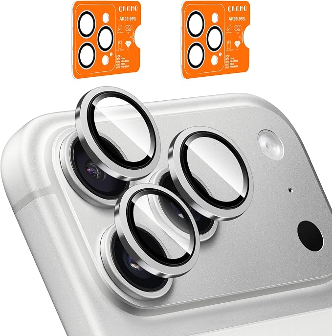 QHOHQ 2 Set Camera Lens Protector for iPhone 17 Pro Max/17 Pro/16 Pro Max/16 Pro/15 Pro Max/15 Pro, Individual Anti Shatter Lens Protector,[15FT Military Grade Protection],1-Second Auto-Install- Silver