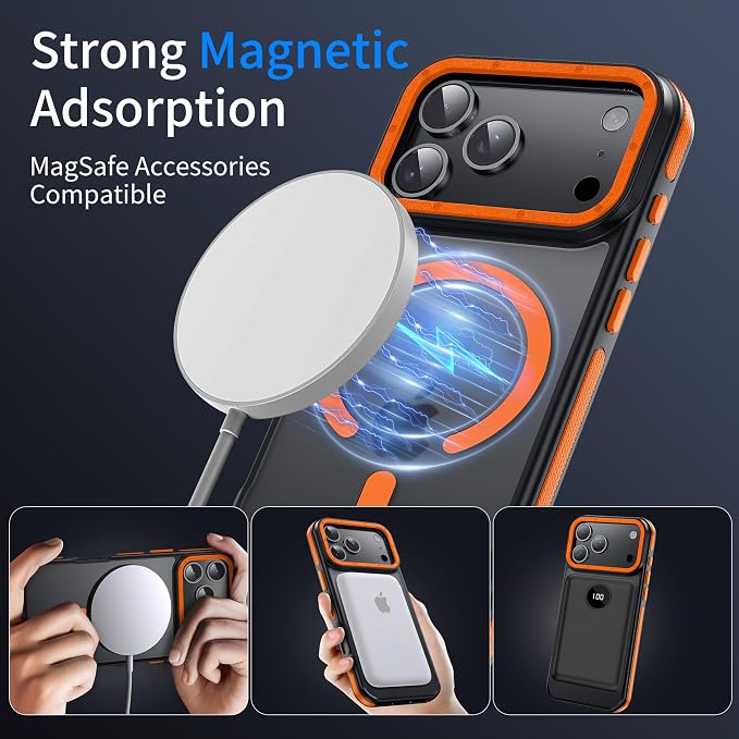 Strong Magnetic for iPhone 17 Pro Case with 1x Screen Protector + 1x Camera Cover [Military-Grade Protection] Compatible with MagSafe Slim Thin Phone Cover for iPhone 17 Pro 6.3 inch, Orange Bumper