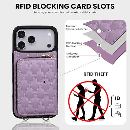 Keallce Case for iPhone 17 Pro Max 6.9'' Wallet Case, Crossbody Zipper Purse with Wrist Strap Lanyard Handbag, RFID Blocking Card Holders, Kickstand Flip Leather Cover for iPhone 17 Pro Max, Purple