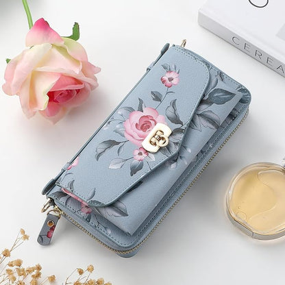 LITOU Compatible for Samsung Galaxy S26 Crossbody Phone Case,Detachable Magnetic,Card Holder,Zipper Leather Wallet Wrist Lanyard Strap Case for Women Men.BlueFlower