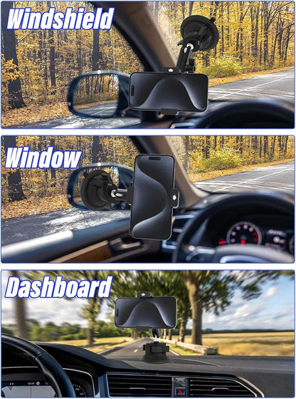 Heat Resistant Suction Cup Phone Holder, Ultra-Durable Metal Arm Phone Mount for Car Windshield Window Sunroof Dash, Vehicle Car Phone Holder Fit for 4-7" Cellphone