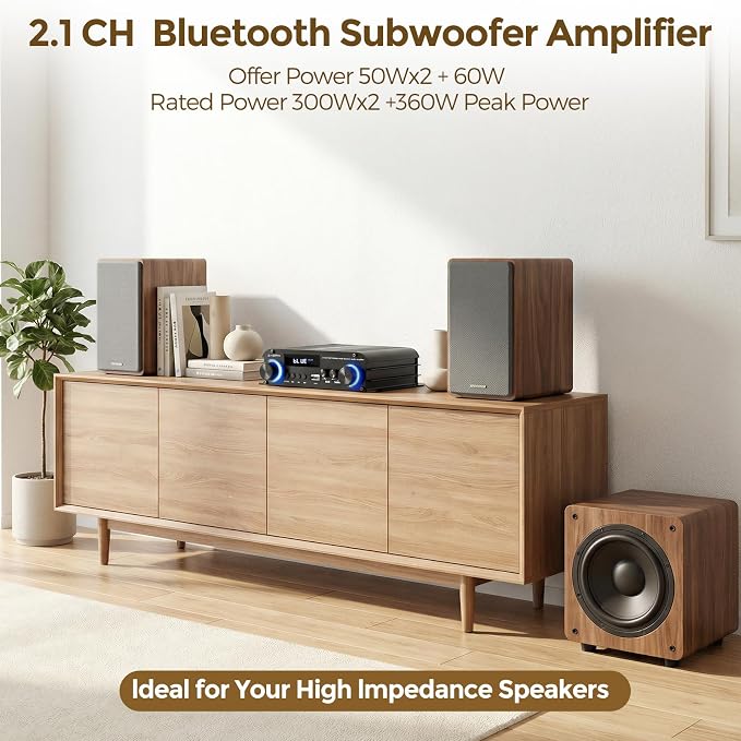 2.1 Channel Stereo Audio Amplifier, 300Wx2+360W Home Audio Bluetooth 5.0 Stereo System with USB/AUX, Remote, Bass Treble & Sub Control, for Active/Passive Subwoofer & Speaker, 12V 5A Adapter