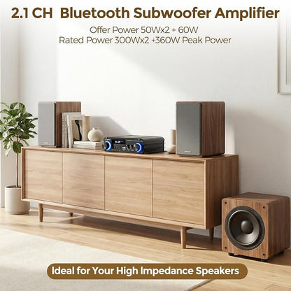 2.1 Channel Stereo Audio Amplifier, 300Wx2+360W Home Audio Bluetooth 5.0 Stereo System with USB/AUX, Remote, Bass Treble & Sub Control, for Active/Passive Subwoofer & Speaker, 12V 5A Adapter