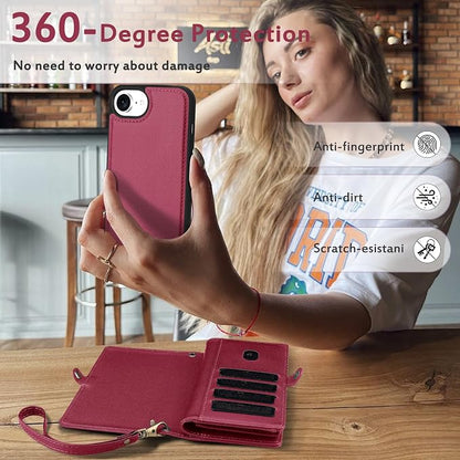 for Wallet Case Compatible with iPhone 16e /17e,Multi-Function Detachable 2 in 1 Magnetic iPhone 16e/17e Case Wallet,Flip Strap Zipper Card Holder Phone Case with Shoulder Straps (Red)