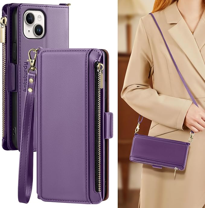 Antsturdy Compatible with iPhone 15 Wallet Case for Women【RFID Blocking】 Crossbody Phone Case PU Leather Zipper Wrist Strap Flip Protective Cover Credit Card Holder Slots,for Apple 15 6.1",Purple
