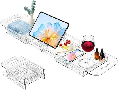 Expandable Drain Bath Caddy Tray for Tub, YOCOMEY Multifunctional Acrylic Bathtub Tray Bathroom Organizer, Simple Bathtub Table Trays Storage Rack for Candle Towel Book Wine Phone Shower(Clear)