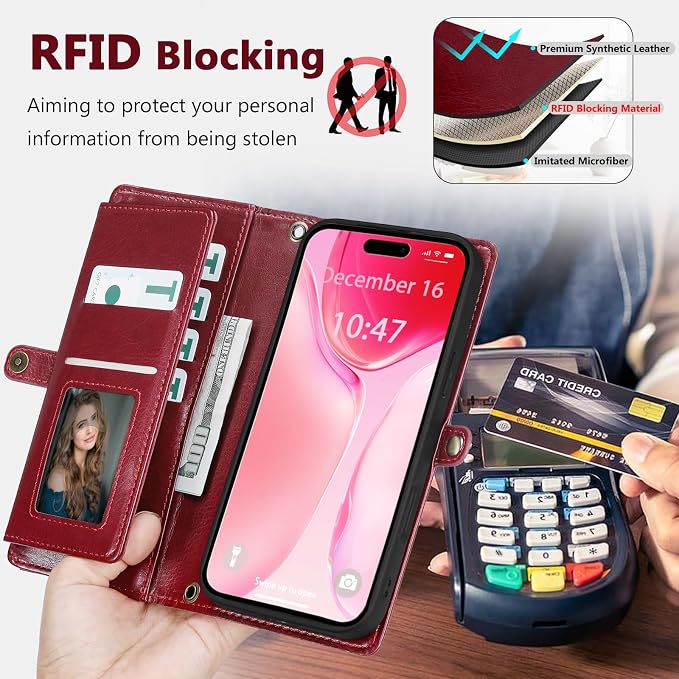Wallet Case for iPhone 15 Plus with Card Holder/Crossbody Wallet/Strap| RFID Blocking | Magnetic | Kickstand | Detachable | PU Leather Phone Case for iPhone 15 Plus,6.7 in,Wine Red
