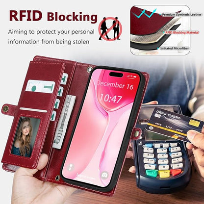Wallet Case for iPhone 15 Plus with Card Holder/Crossbody Wallet/Strap| RFID Blocking | Magnetic | Kickstand | Detachable | PU Leather Phone Case for iPhone 15 Plus,6.7 in,Wine Red