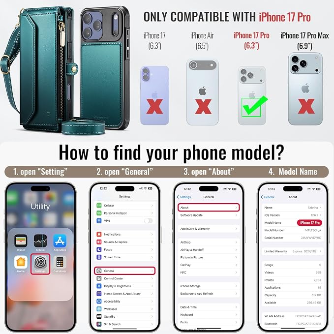 Strapurs for iPhone 17 Pro Detachable Wallet Case Compatible with Magsafe, RFID Blocking 9-Card Holder Zipper Wrist Strap Lanyard PU Leather Magnetic Phone Case for iPhone 17 Pro 6.3", Blue Green